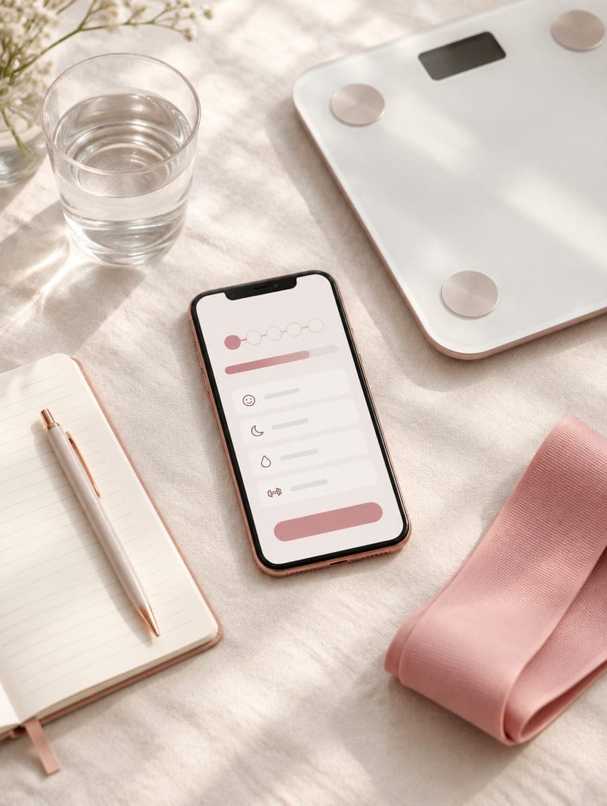 Weekly check-in essentials laid out: a phone showing a check-in form, a scale, a notebook and a resistance band